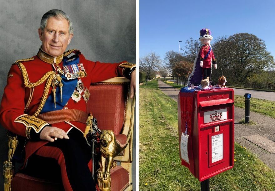 King Charles III and a local postbox with a crocheted monarch to celebrate the royal coronation.
