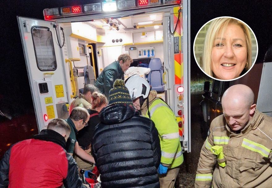 Ann Blackwood (top right, inset) was lifted into the back of an ambulance by firefighters and ambulance service staff.