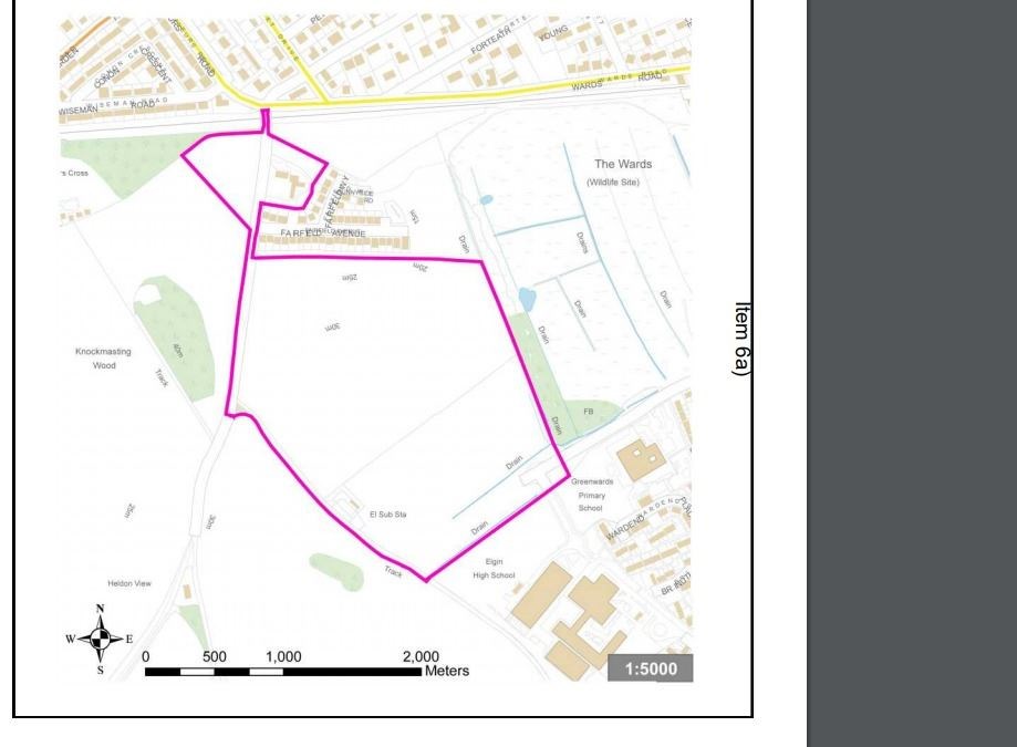 A map of the proposed site. Elgin High School and Greenward Primary are marked in brown. Wards Road is marked in yellow.