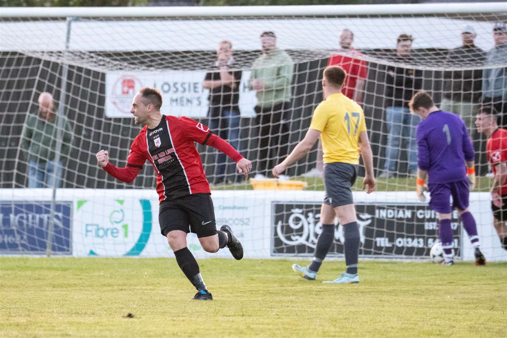 Fochabers' Gary Burchell celebrates his second goal of the evening. ..Fochabers FC (7) vs Hopeman FC (2) - Mike Simpson Cup Final 2023 - Grant Park, Lossiemouth...Picture: Daniel Forsyth..