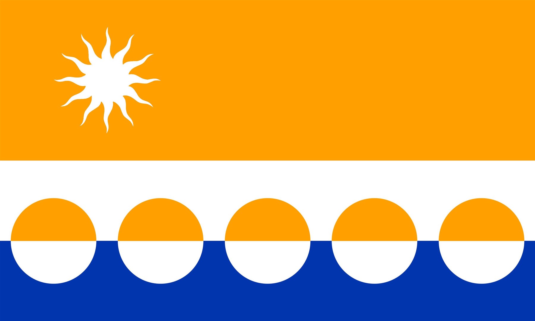 The white horizontal band recalls the bridges that are emblematic of the county. The blue colour can represent both the rivers and the sea, while the golden-orange below the bridge represents the whisky made from the county’s waters and above the bridge the sun symbolises the natural sunsets and agriculture.