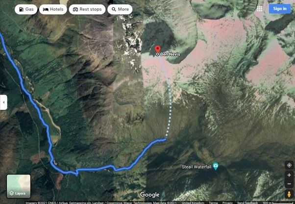 A dangerous route up Ben Nevis suggested by a Google Maps search.