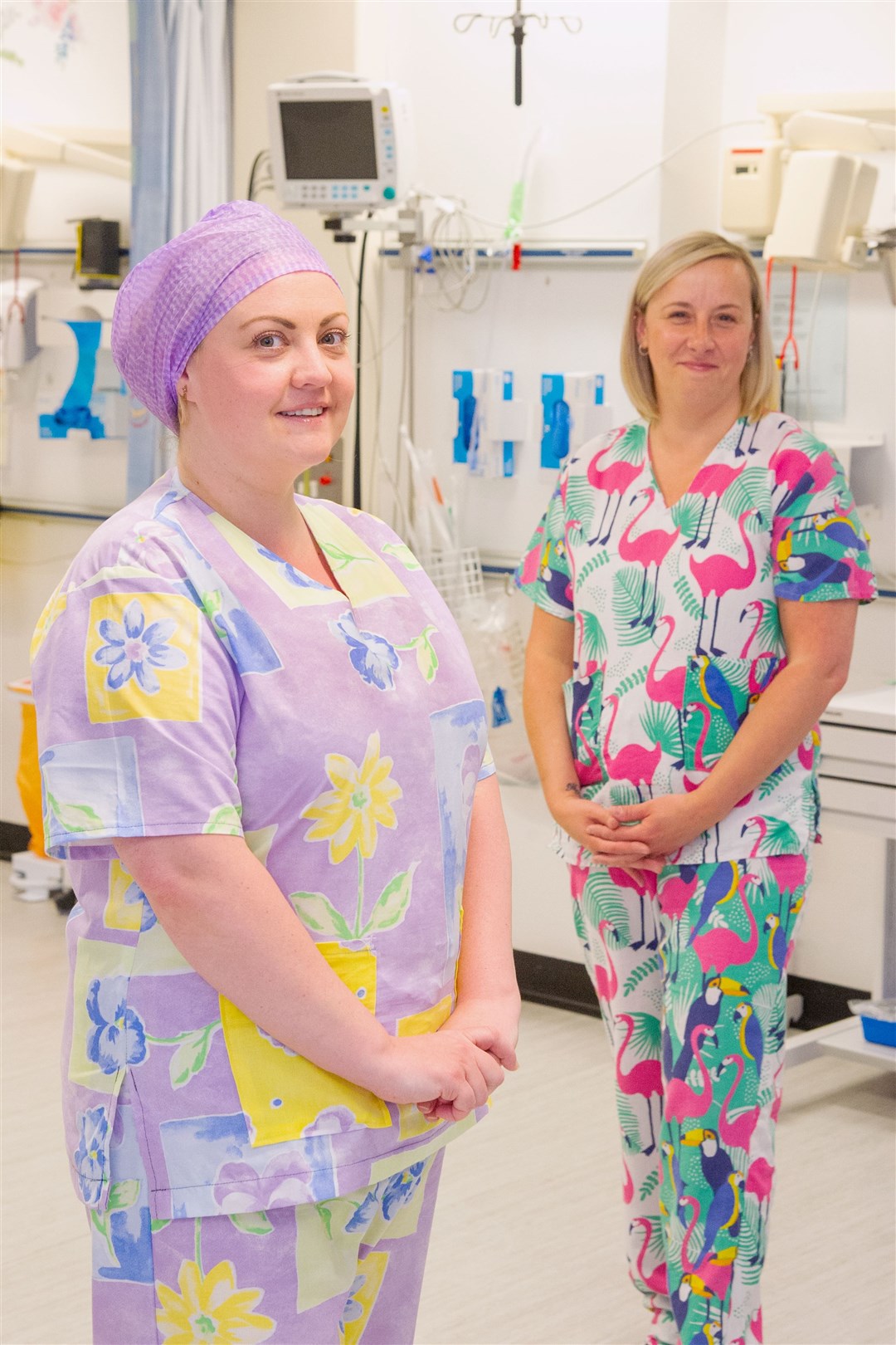Dr Gray's Hospital theatre staff Lisa Hill (left) and Lynn Collie on shift wearing their newly donated workwear from Moray Scrubs. Picture: Daniel Forsyth.