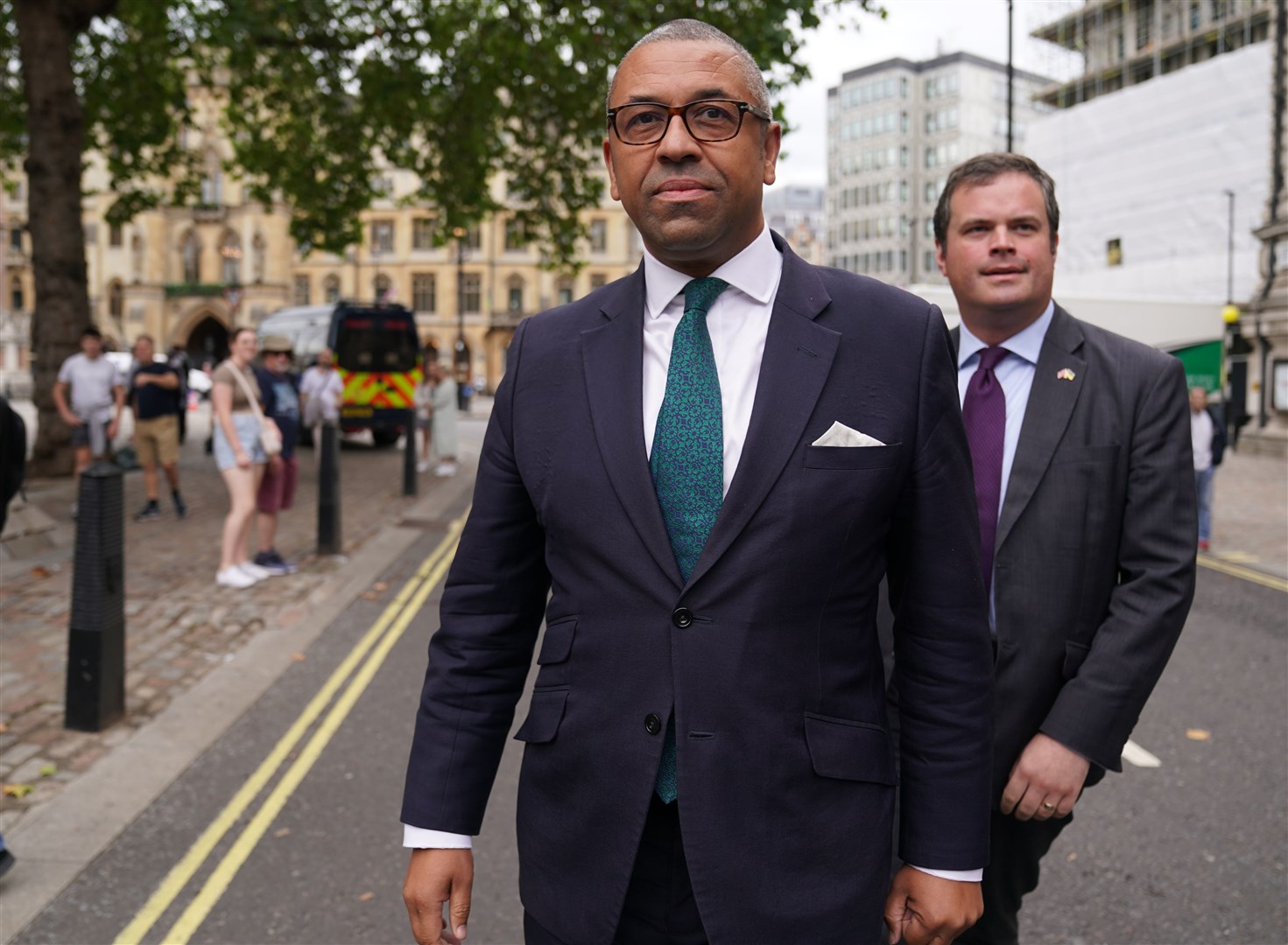 James Cleverly arrives at the Queen Elizabeth II Centre in London for the announcement of the new Conservative Party leader (Kirsty O’Connor/PA)