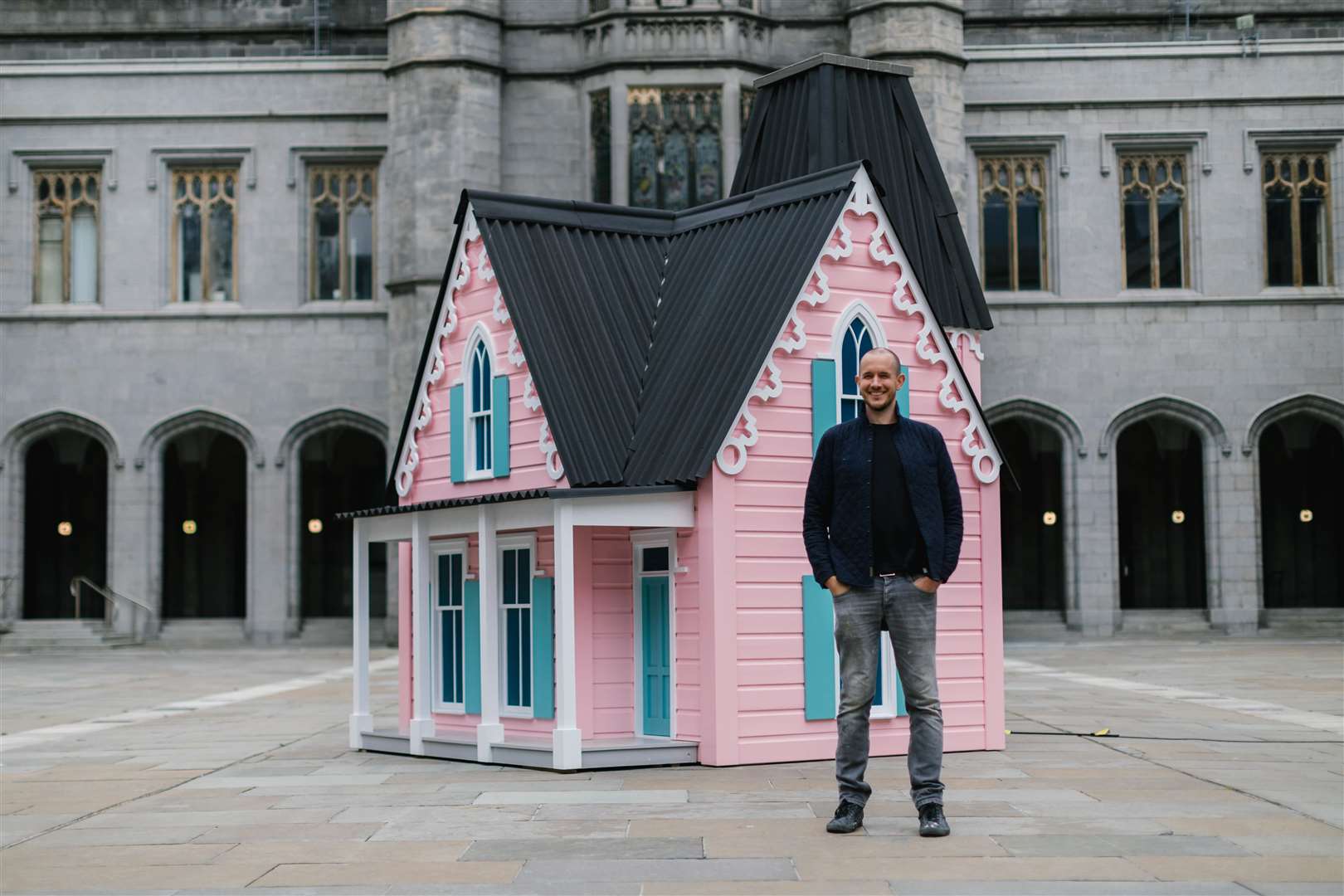 James Rigler with his House in the Woods in Marischal College quad.