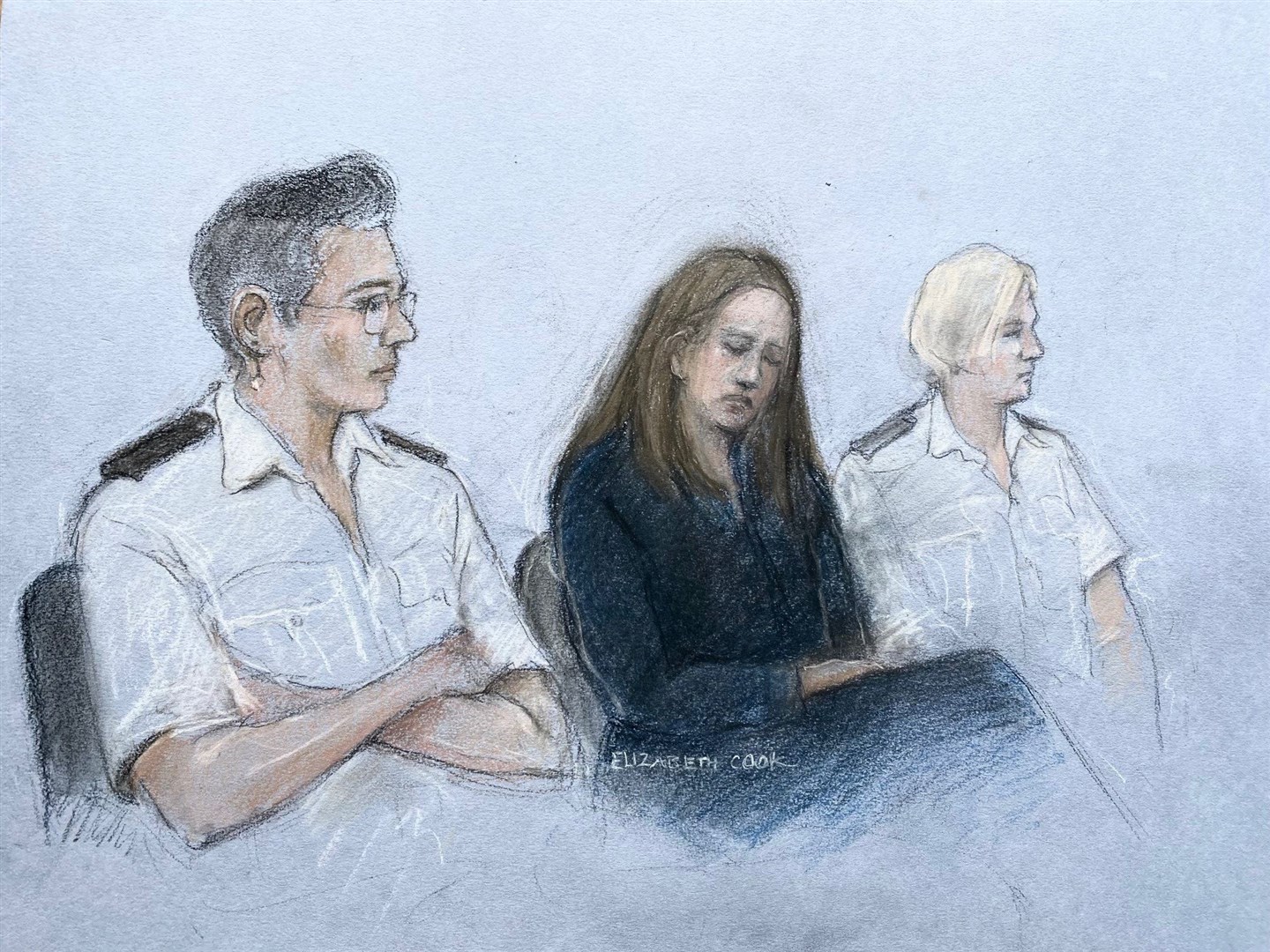 A court artist drawing of Lucy Letby close to tears as she listens to the verdicts being read at Manchester Crown Court (Elizabeth Cook/PA)