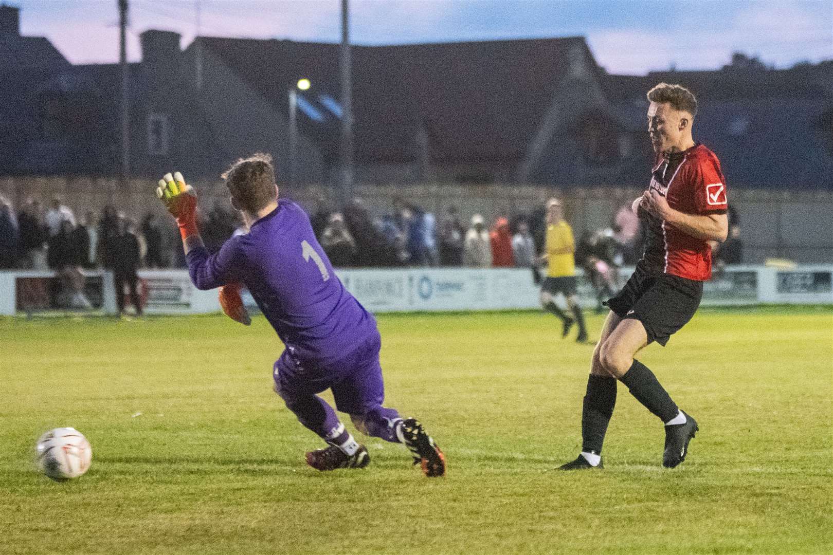 Fochabers' Lee Alexander slots hom the sixth goal for Fochabers. ..Fochabers FC (7) vs Hopeman FC (2) - Mike Simpson Cup Final 2023 - Grant Park, Lossiemouth...Picture: Daniel Forsyth..