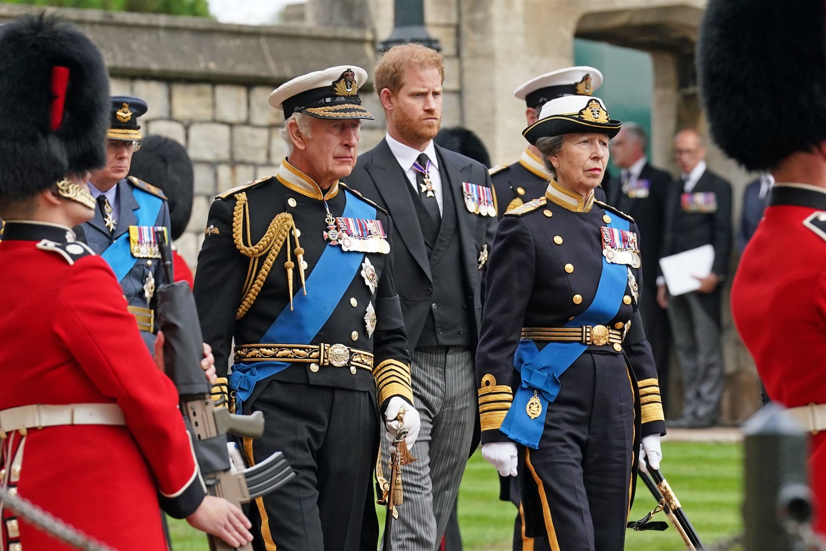 The Duke of Sussex, King Charles III and the Princess Royal arriving at the chapel behind the state hearse (Kirsty O’Connor/PA)