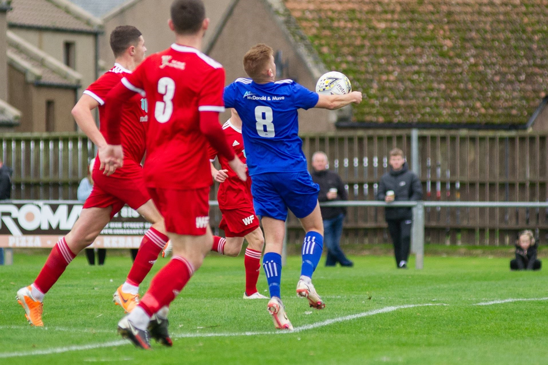 A hand ball infringement ruled out this goal from Lossiemouth's Ryan Sewell. ..Deveronvale FC (6) vs Lossiemouth FC (0) - Highland Football League - Princess Royal Park, Banff 23/10/2021...Picture: Daniel Forsyth..