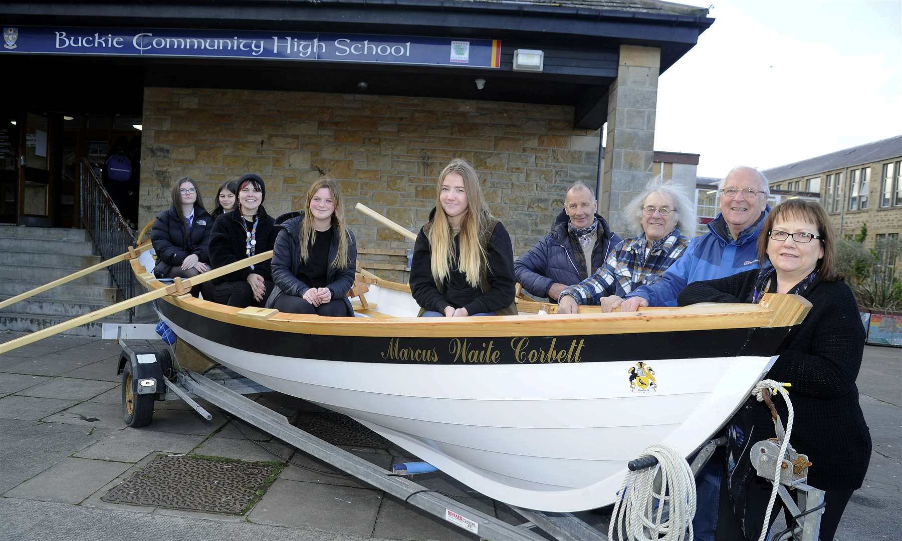 Cullen Sea School members (from left) Willie Henderson, Bert Reid, chairman Ashley Mowat and Councillor Sonya Warren are joined by Buckie High pupils (from back left) Adele Grant, Niamh Fraser, Ellis Boyfield, Tyler Aitken and Charlie Wood during the school's COP26 week. Picture: Becky Saunderson.