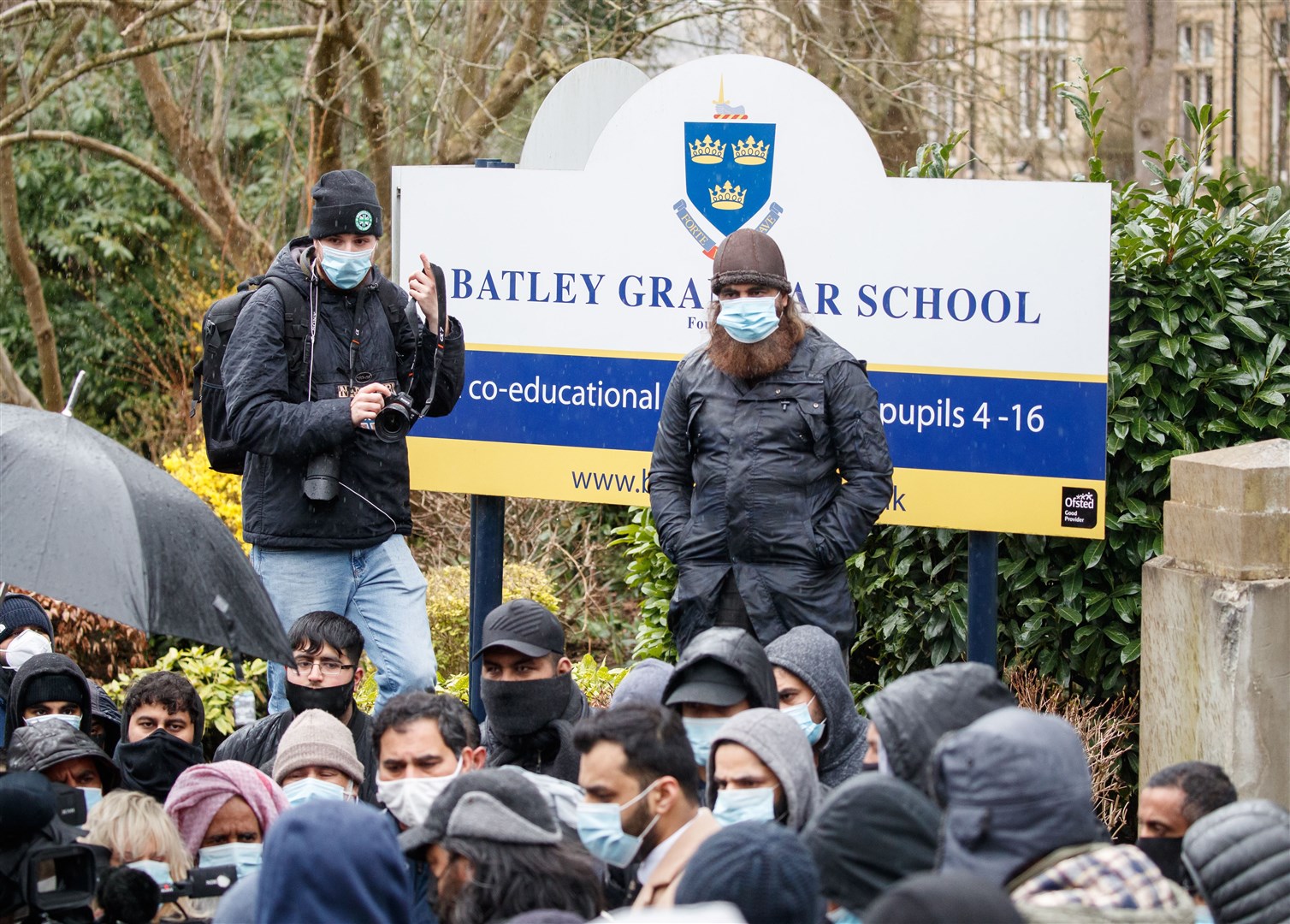 Protesters gathered outside Batley Grammar School where a teacher was suspended for reportedly showing a caricature of the Prophet Mohammed to pupils during a religious studies lesson (Danny Lawson/PA)
