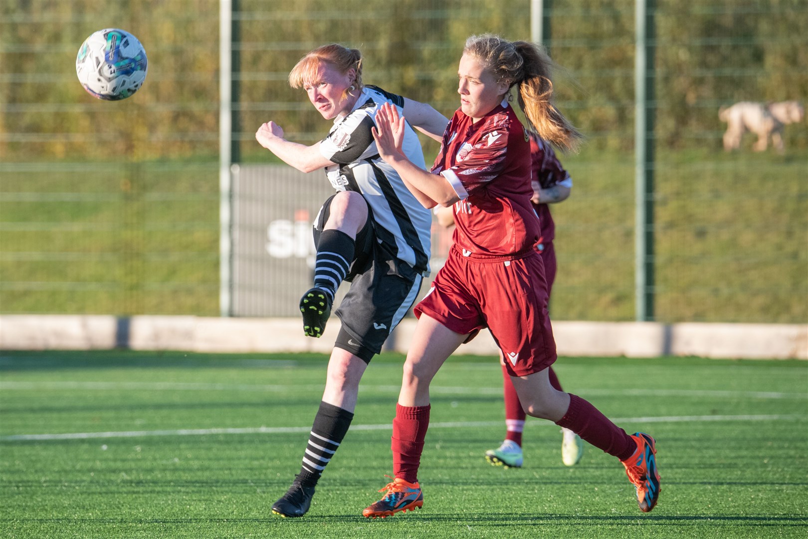 Elgin City defender Josie Mitchell clears the ball up the park...Elgin City FC Women (5) vs Arbroath FC Women (2) - SWFL North League 23/24 - Gleaner Arena, Elgin 05/11/2023...Picture: Daniel Forsyth..