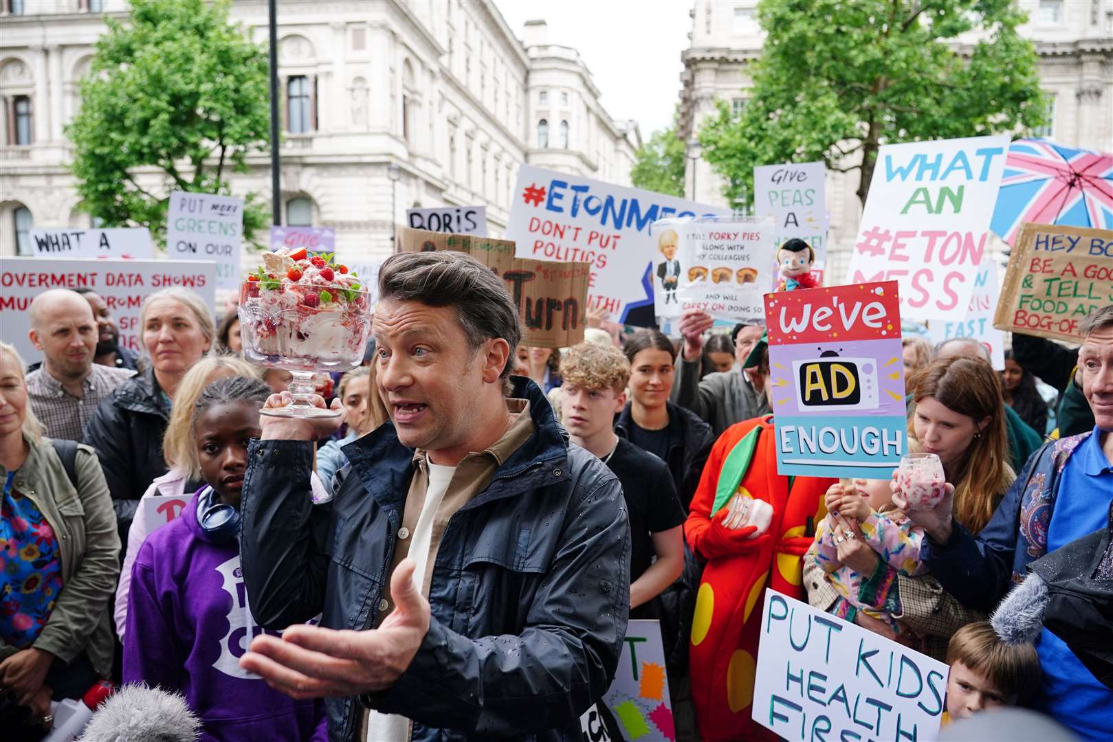 Chef Jamie Oliver takes part in the What An Eton Mess demonstration outside Downing Street (Dominic Lipinski/PA)