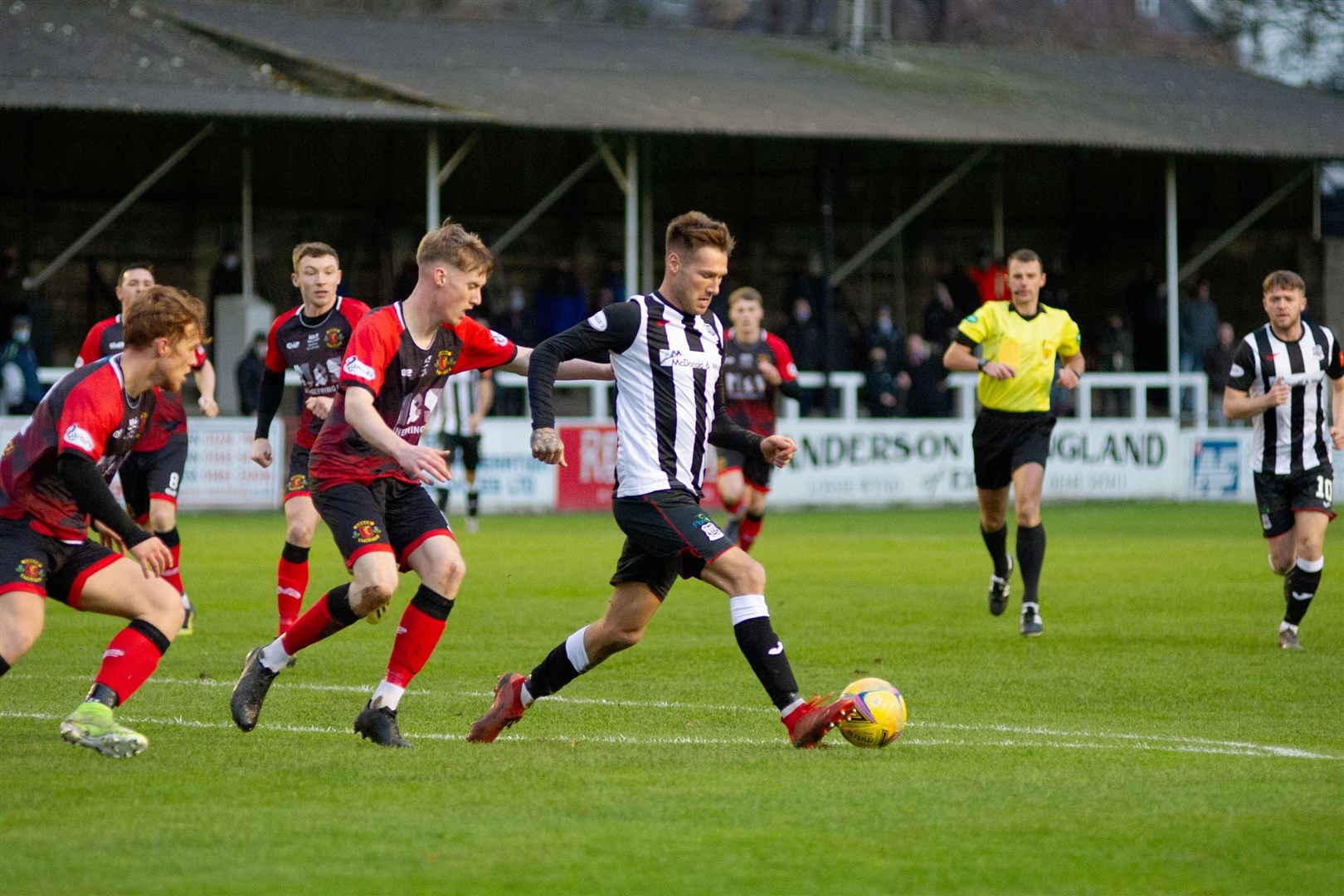 Elgin City's Brian Cameron is closed down by the Annan back line...Elgin City FC (1) vs Annan Athletic (0) - Scottish League Two - Borough Briggs, Elgin 5/12/2020...Picture: Daniel Forsyth..