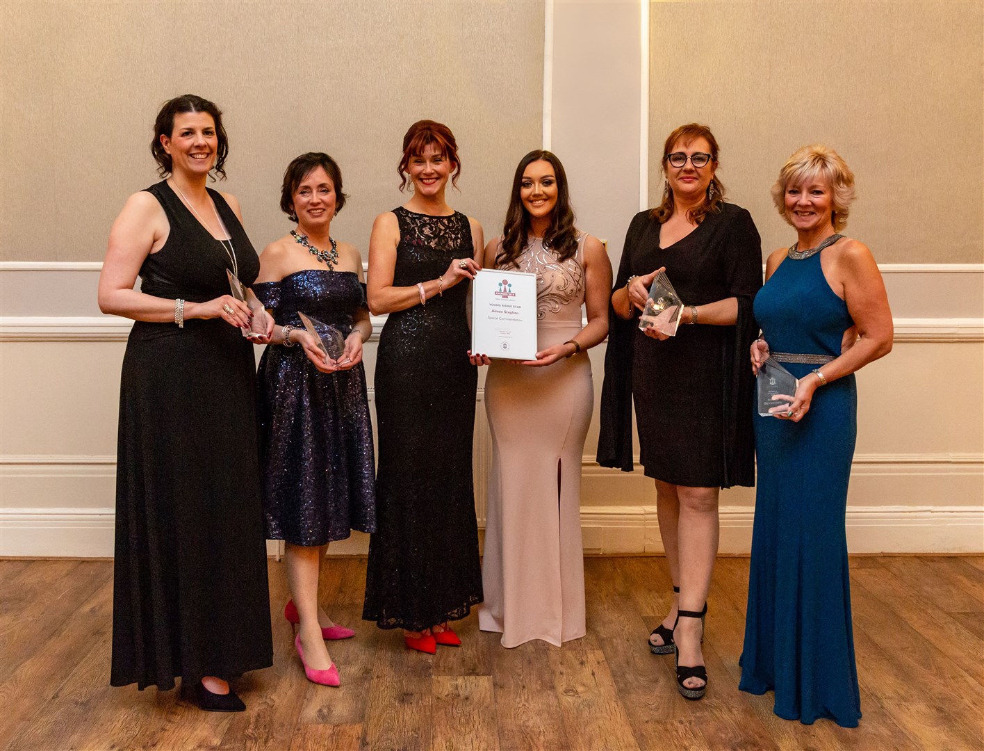Celebrating at the Moray Business Women Awards are (from left) Sheila Hull, Joan Johnston, Nicky Marr, Aimee Stephen, Amanda Nasser and Susan Beveridge. Picture: Lindsay Robertson Photography.
