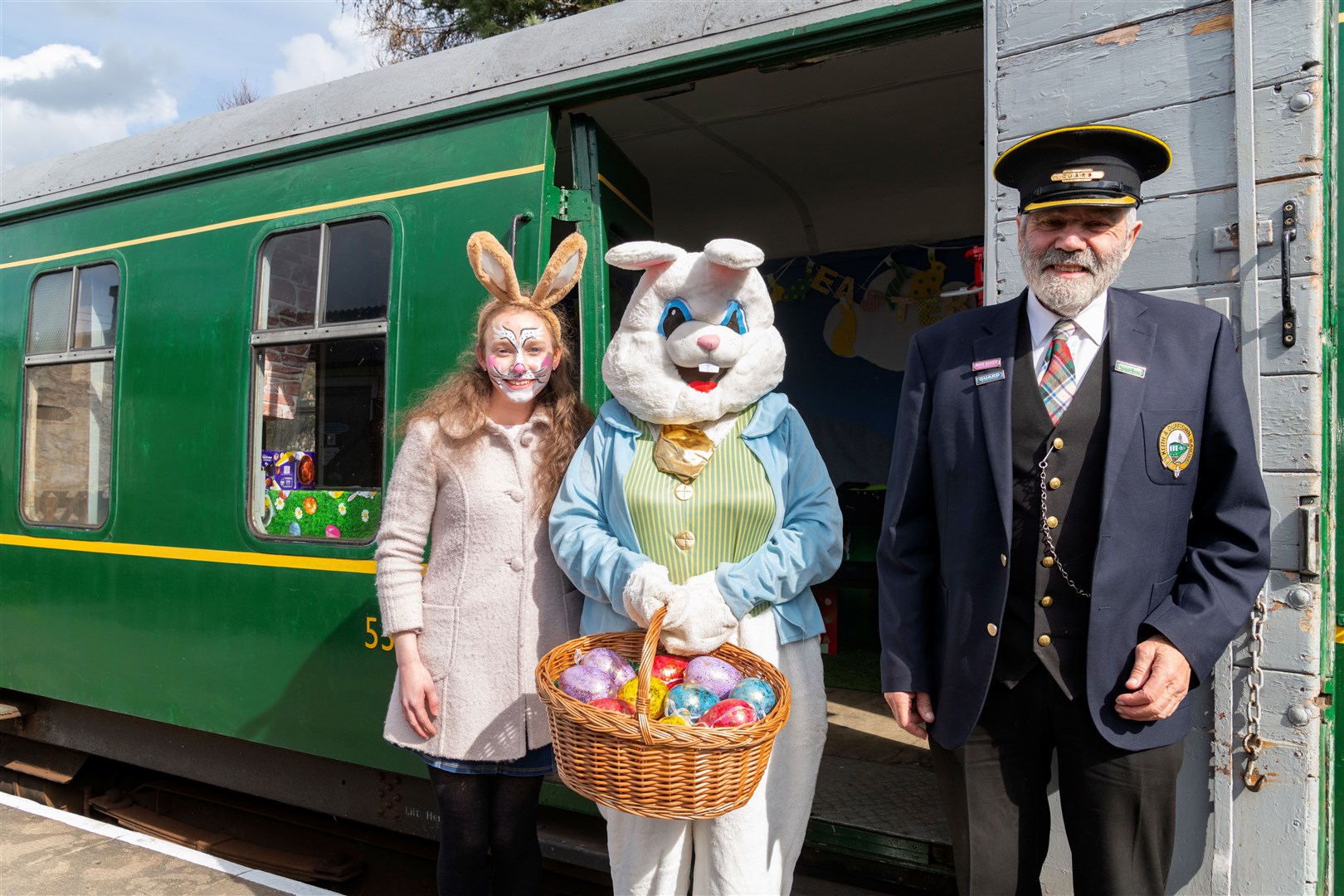 Eva Melrose, The Easter Bunny and Mike Baker on the platform at Dufftown. Pictures: Beth Taylor