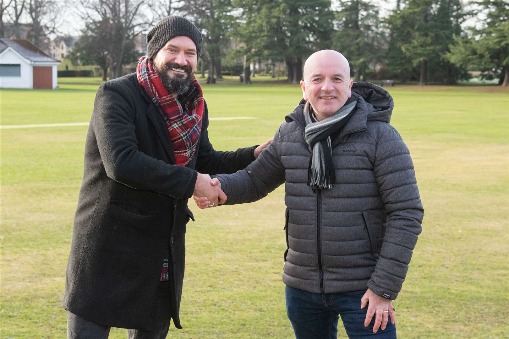 Andy MacDonald (left) has brought the British Pipe Band Championships to Forres' Grant Park. Andy is joined by Royal Scottish Pipe Band Association's CEO Colin Mulhern (right). Picture: Daniel Forsyth