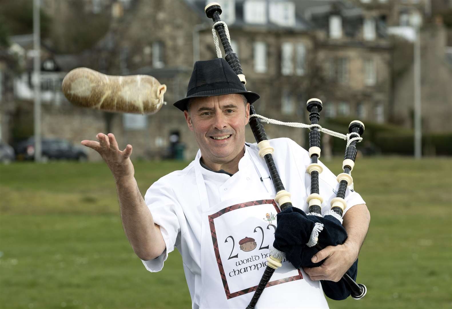 Butcher Tom Courts, current Scottish Haggis Champion, launching the 2023 World Haggis Championship...Picture: Graeme Hart