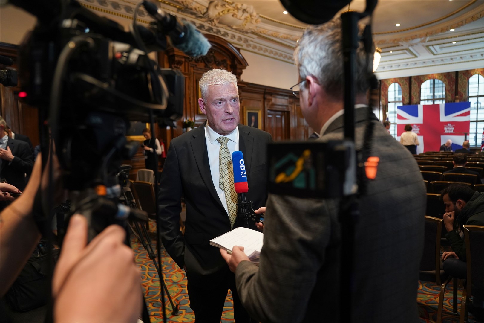 Former Tory deputy chairman Lee Anderson doing media interviews at the Institute for Civil Engineers in central London following the announcement that he is defecting to Reform UK (Lucy North/PA)