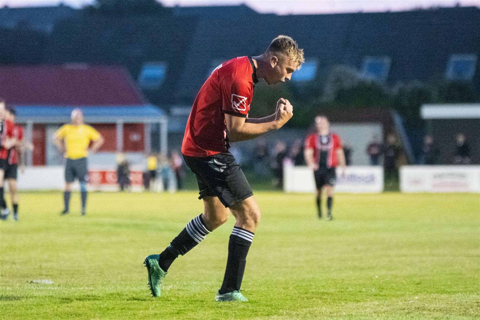 A roar of delight from Evan Smith after he scores Fochabers' fifth goal of the evening. ..Fochabers FC (7) vs Hopeman FC (2) - Mike Simpson Cup Final 2023 - Grant Park, Lossiemouth...Picture: Daniel Forsyth..