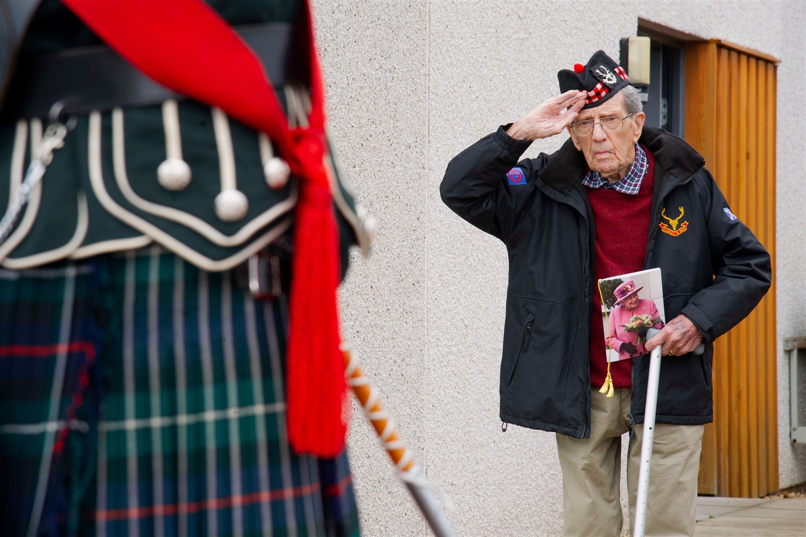 Donald Smith takes the salute...Moray veteran Donald Smith celebrates his 100th Birthday at his Forres home. ..Picture: Daniel Forsyth..