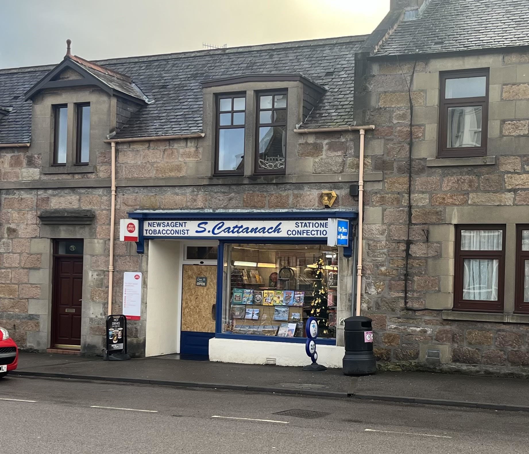 S Cattanach Newsagent in Aberlour has boarded up its door after a break-in yesterday.