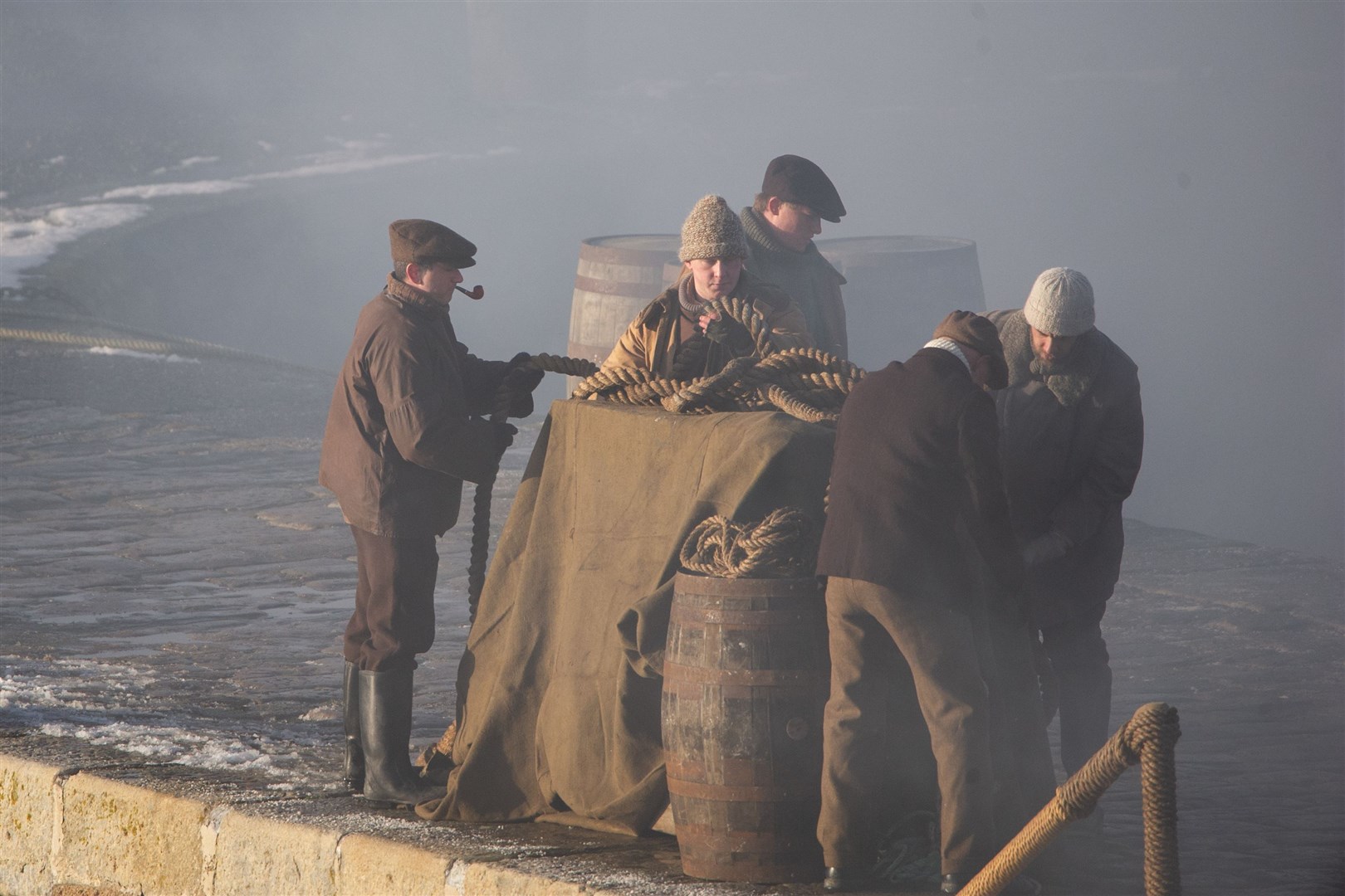 Elgin's Harry Bruce (left, smoking a pipe) was an extra on the final day of filming...Peaky Blinders filming in Portsoy 12/02/2021...Picture: Daniel Forsyth..