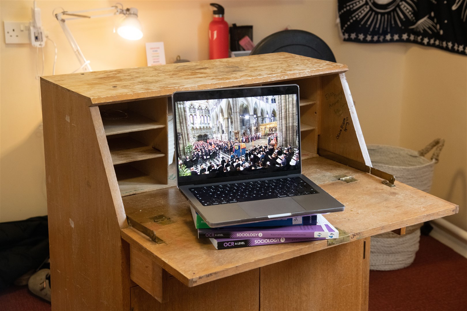 The laptop sat upon a desk which was used by King Charles during his time at Gordonstoun. Picture: Daniel Forsyth