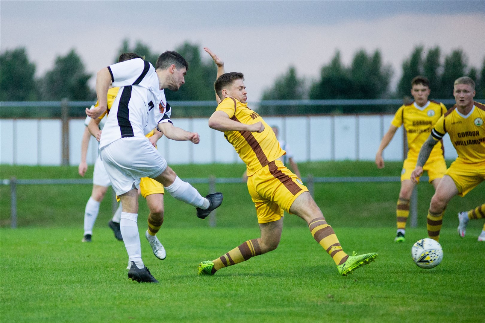 Jack Brown scoring one of 13 goals for Rothes this season at Forres. Picture: Daniel Forsyth..
