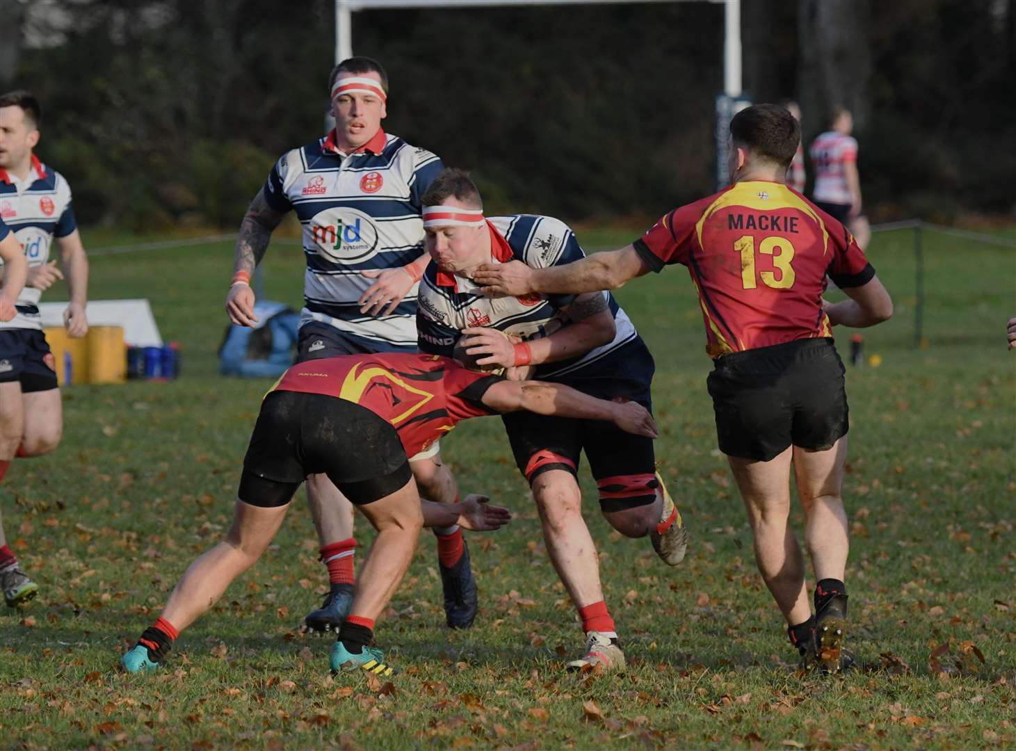 Hugh MacRae takes ball into contact with Alex Matthews in support. Picture: James Officer