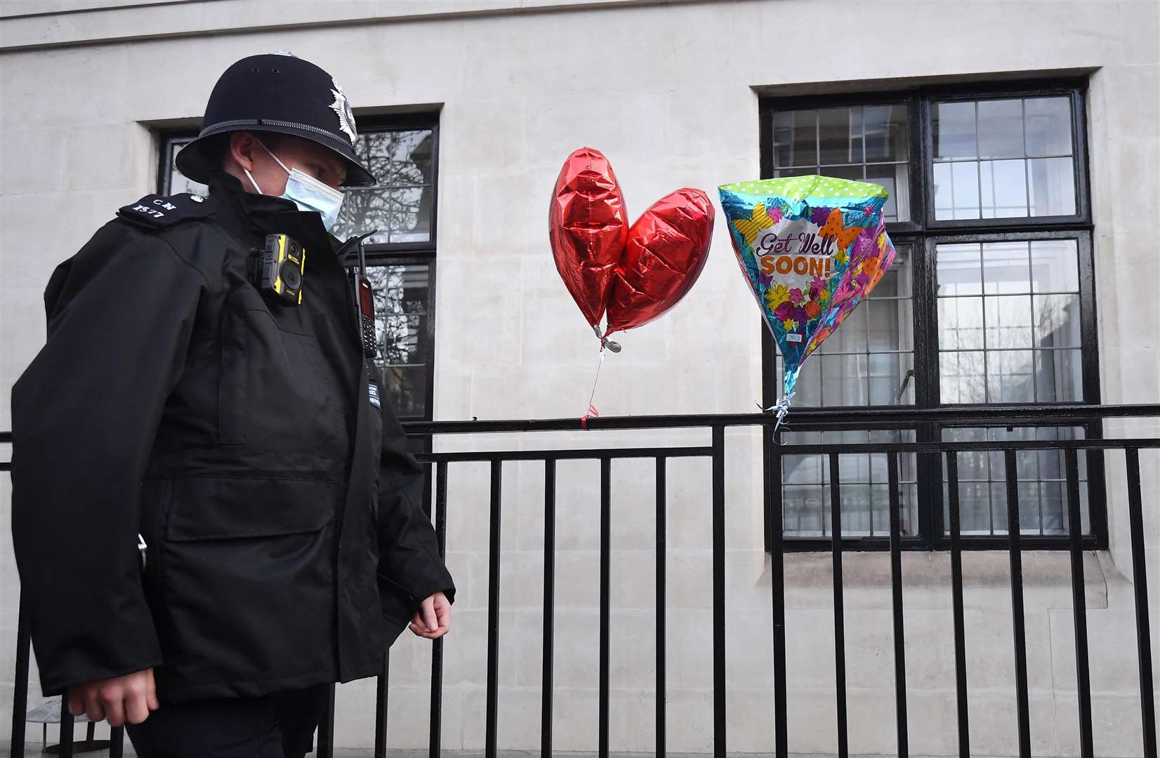 A police officer outside the King Edward VII Hospital in London where the Duke of Edinburgh was admitted on the evening of Tuesday February 16 (Victoria Jones/PA)