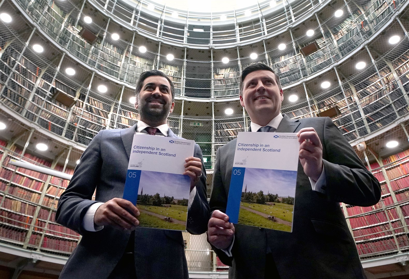 First Minister Humza Yousaf with Jamie Hepburn, Minister for Independence, at the launch of a policy paper on citizenship in an independent Scotland (Andrew Milligan/PA)