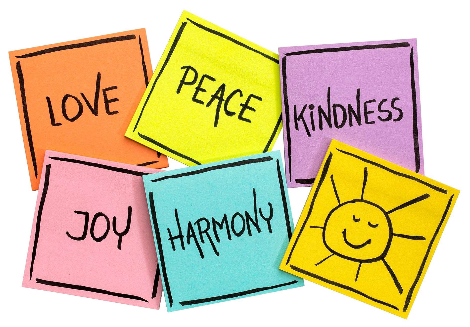 love, peace, kindness, joy and harmony with sun smiley - isolated set of sticky notes with inspirational words