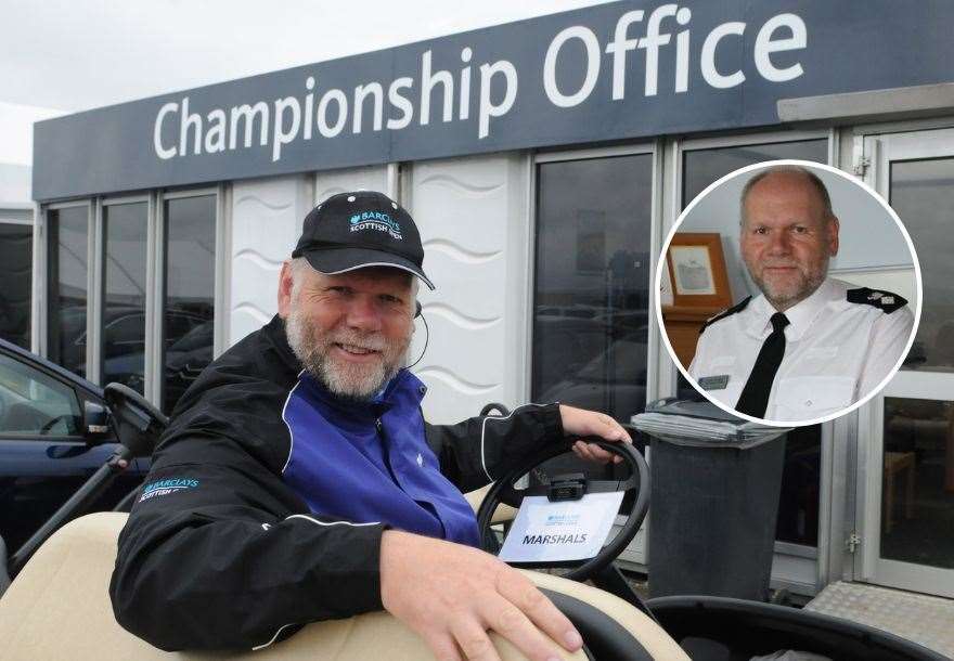 A bearded Laurie Stewart when he volunteered at the Scottish Open at Castle Stuart in 2011 and inset, during his police days.