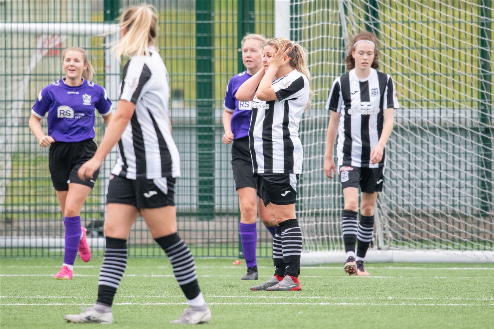 The Elgin team can't believe they've conceeded so soon after going ahead in the second half. ..Elgin City (4) vs Buchan LFC (5) - SWFL North 23/24 - Gleaner Arena, Elgin 17/09/2023...Picture: Daniel Forsyth..
