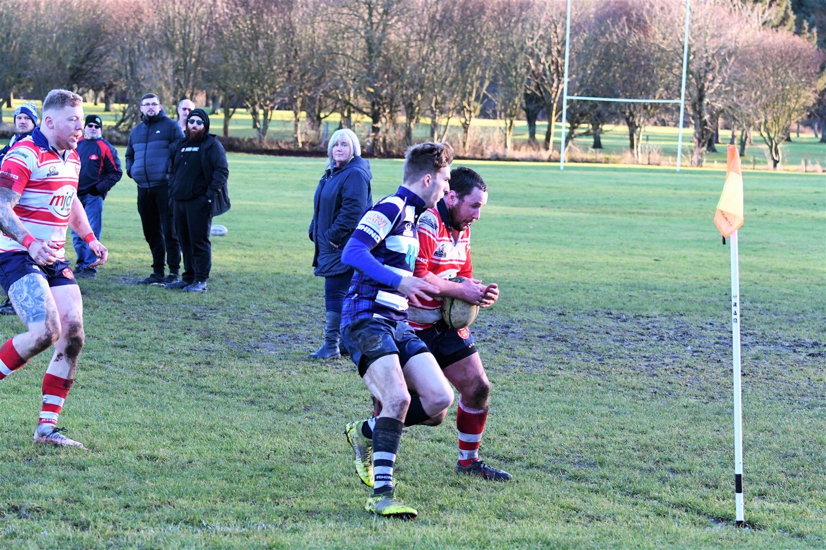 John Westmacott having gathered cross kick stays in field on way to score. Picture by James Officer