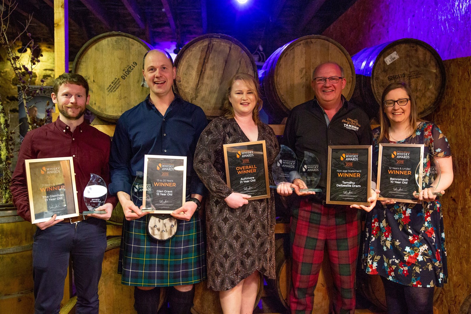 Scott Lamb, Greig Stables, Teresa Chalmers, Sandy McIntyre and Susan Colville represent the five winning whiskies in the Spirit of Speyside Whisky Festival whisky awards.