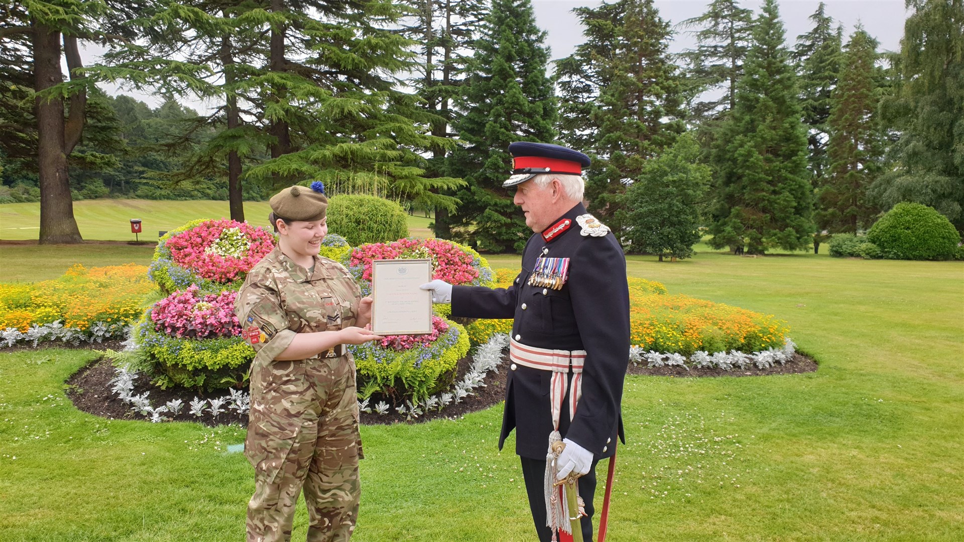 Cadet Corporal Bethany Young is appointed to the role of Lord Lieutenant’s Cadet of Moray by Lord Lieutenant Major General Seymour Munro during a presentation at Grant Park, in Forres.