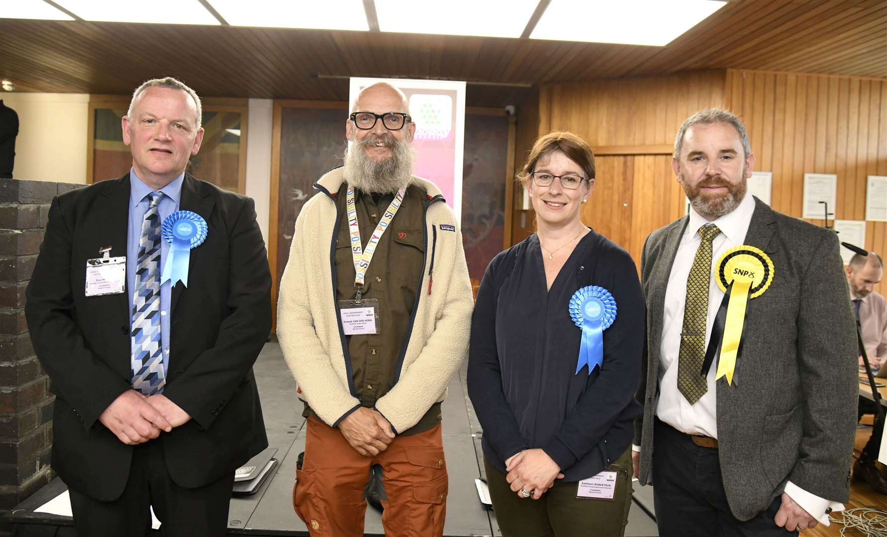 Elected Forres candidates from left Paul McBain, Draeyk Van Der Horn, Kathleen Robertson and Scott Lawrence...Moray Council Local Election May 2022...Picture: Becky Saunderson..