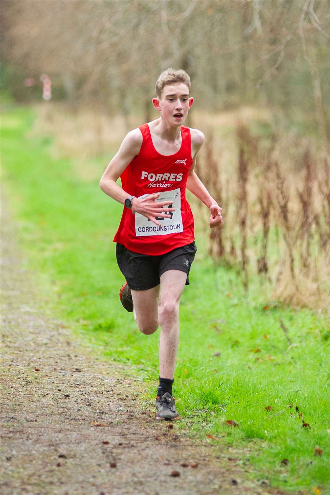 Forres Harriers' Michael Bishenden came second overall in the U15 Boys race with a time of 14:38. Picture: Daniel Forsyth