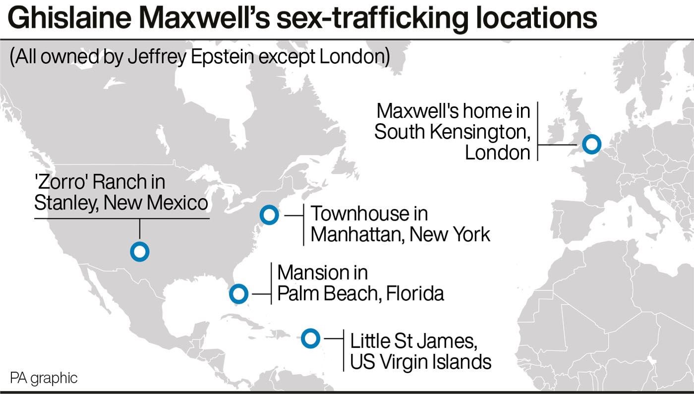 Maxwell lured girls to a variety of properties owned by Epstein, as well as her home in London (PA Graphics)