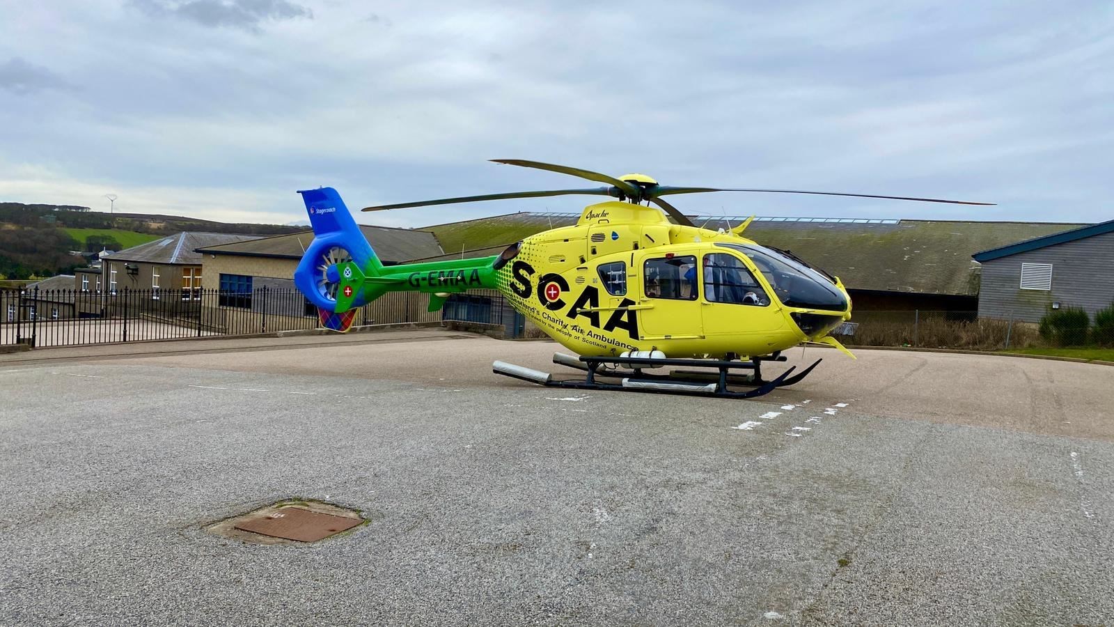 The Scottish Charity Air Ambulance's Helimed 79 landed within the grounds of Banff Primary School around midday on Thursday.