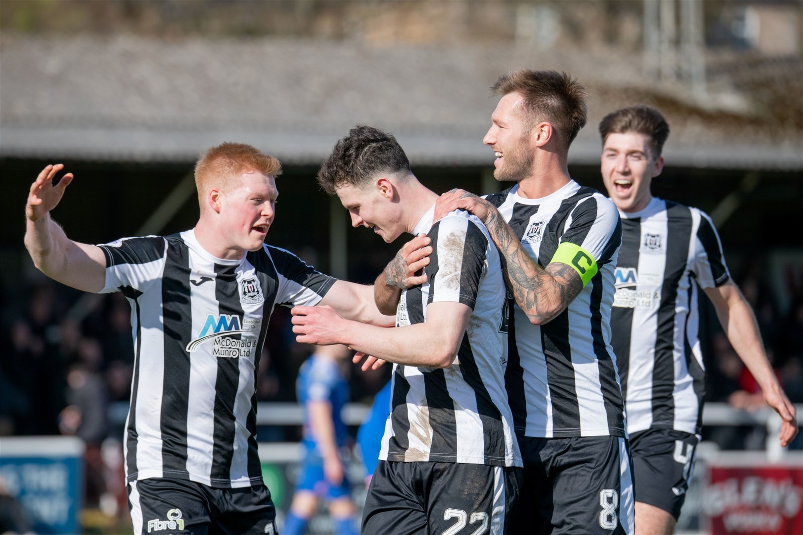 Ryan Macleman puts Elgin ahead with a great second half strike. Elgin City FC (2) vs The Spartans (2) - SPFL League Two 23/24 - Borough Briggs, Elgin 06/04/24.Picture: Daniel Forsyth.
