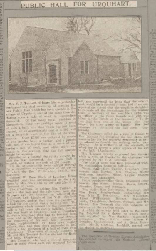 An article from the Northern Scot in 1924 about the opening of Uquhart Hall.
