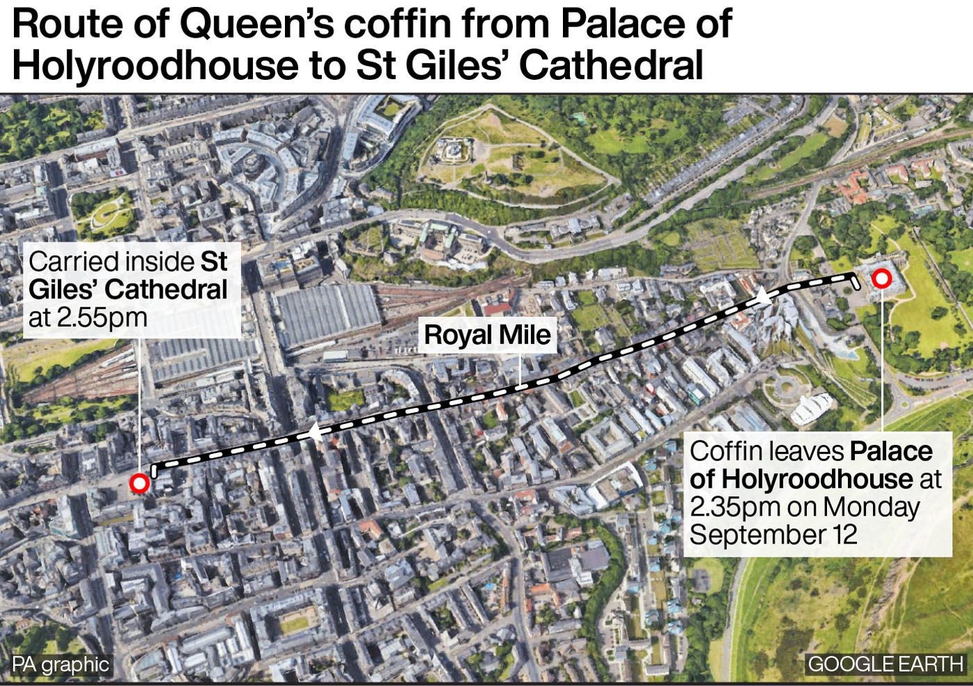 Route of Queen’s coffin from Palace of Holyroodhouse to St Giles’ Cathedral (PA Graphics)
