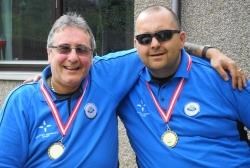 Jim Gault (left) and Gregor Ewan celebrate their gold medal success in Denmark.