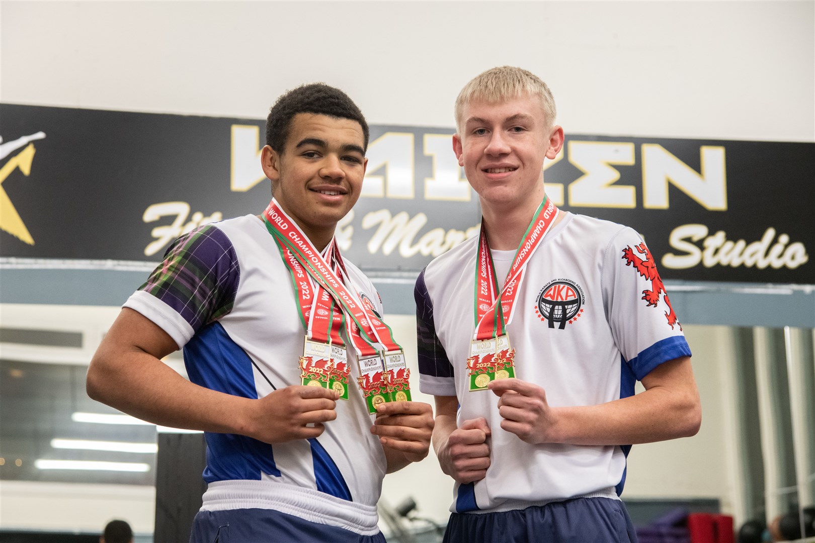 Ethan Hendry (left) and Ross Sharp (right) were two of the winners from Elgin's Kaizen Kickboxing Club who won medals at a national event in Prestatyn, Wales. ..Picture: Daniel Forsyth..
