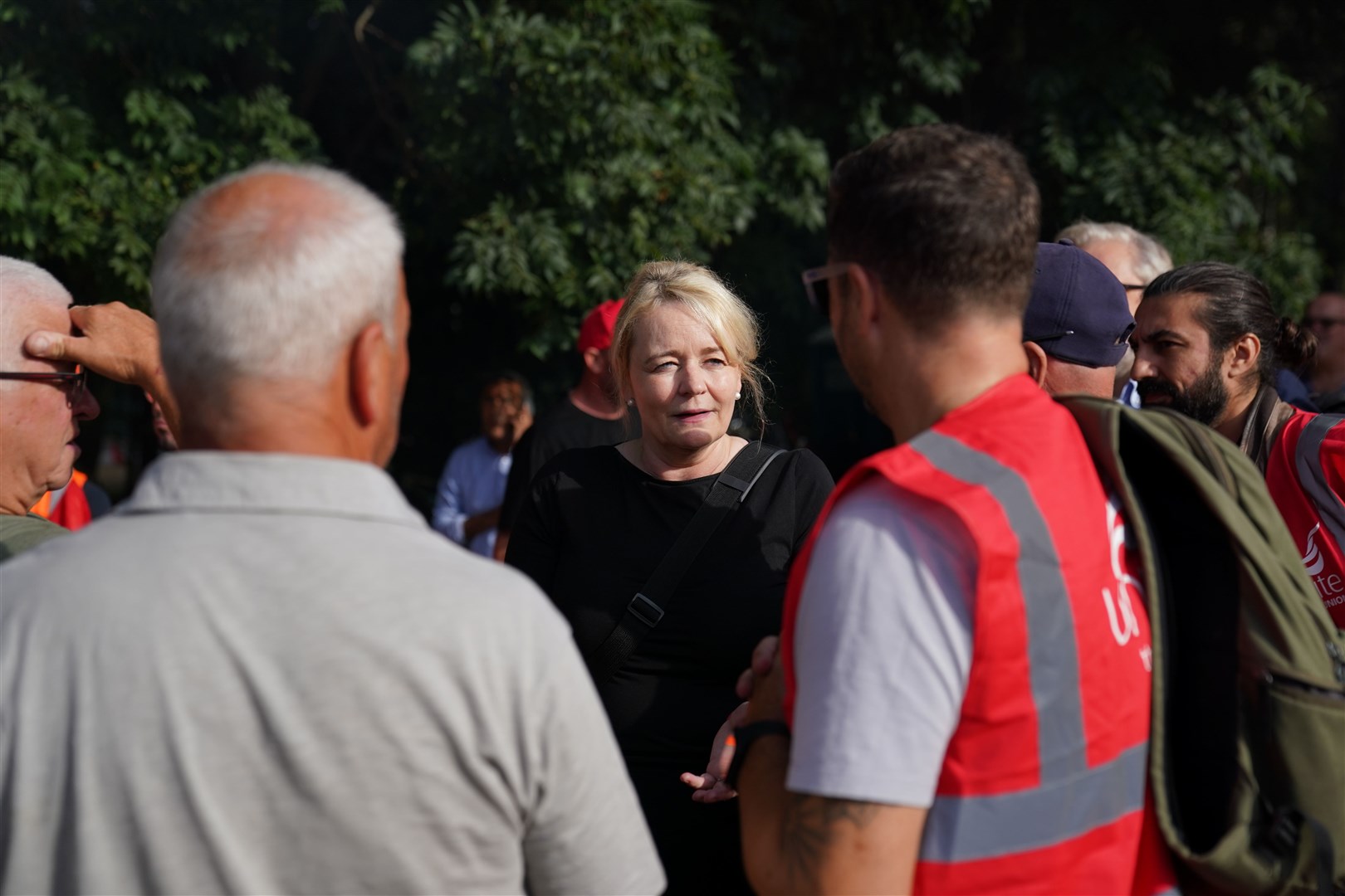 Unite general secretary Sharon Graham speaks to her members on a picket line at the Port of Felixstowe in Suffolk, (Joe Giddens/PA)
