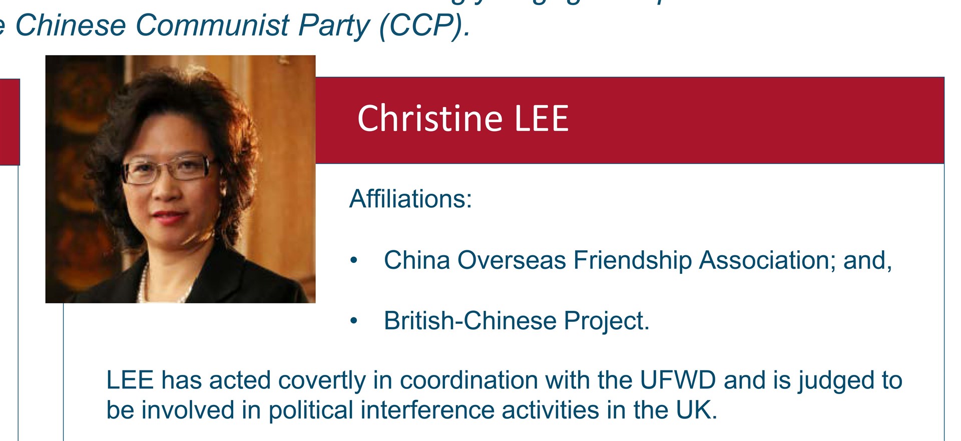 MI5 issued a rare security alert last year, warning that suspected Chinese spy Christine Lee had engaged in ‘political interference activities’ on behalf of China’s ruling communist regime (MI5/PA)