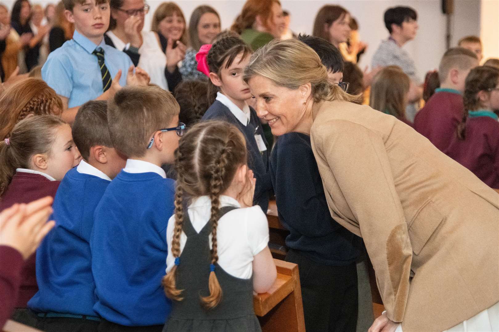 The Countess greets pupils on her way out. ..Prince Edward and Sophie, known as the Earl and Countess of Forfar when visiting Scotland, spend time at Gordonstoun School during their visit to Moray...Picture: Daniel Forsyth..